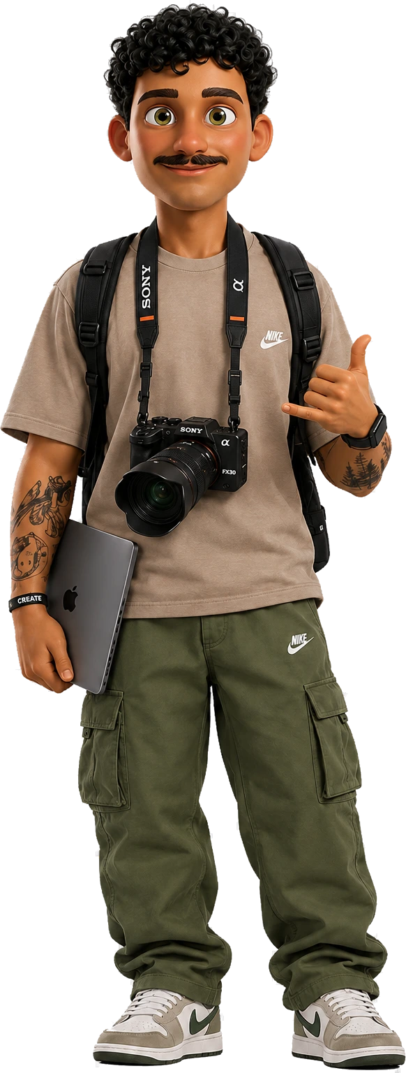 Avatar 3D do Victor de pé, com a câmera Sony pendurada e um notebook embaixo do braço